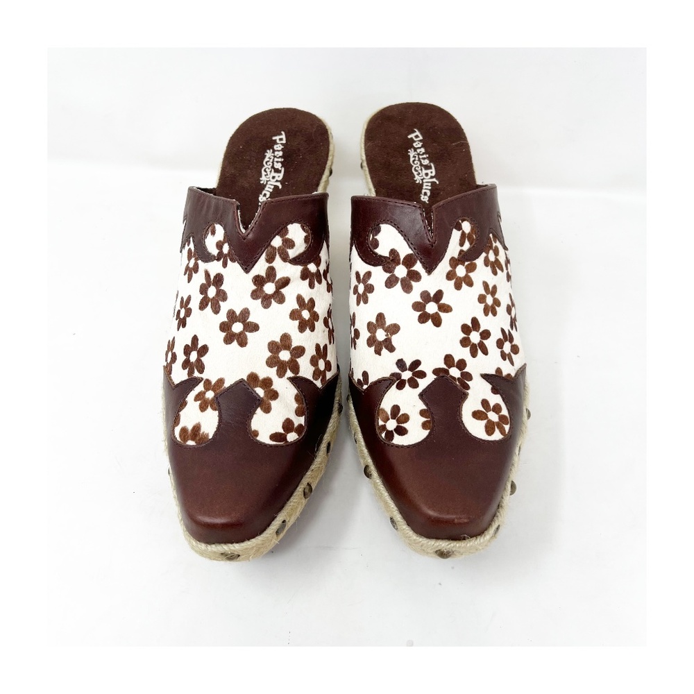 Paris Blues Shoes Clogs Boots Size 8.5 Brown White Leather Floral Freda Vintage